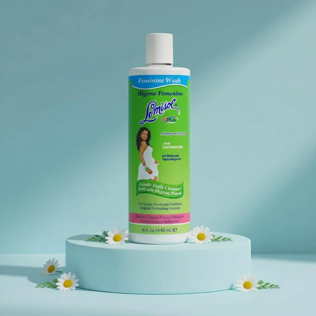 Lemisol Plus Original bottle on a blue pedestal with chamomile